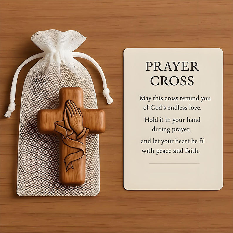 Handcrafted Wooden Comfort Cross with Pouch & Prayer Card