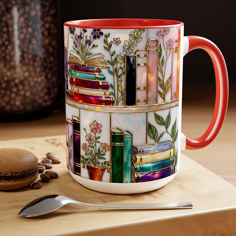 Stained-Glass Style Floral Bookshelf Mug