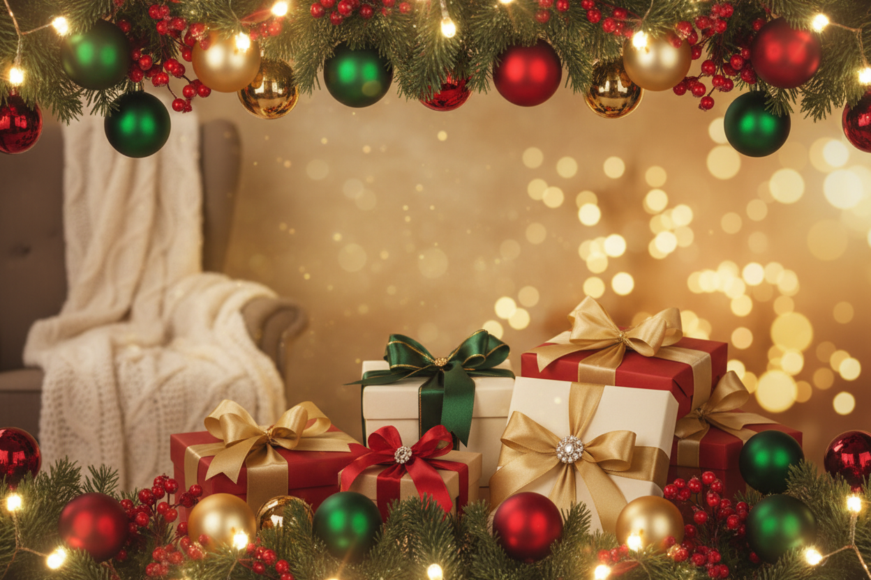 A realistic, elegant Christmas holiday background for an online store homepage — featuring soft golden lights, red and green festive decorations, neatly wrapped gift boxes with satin ribbons, pine branches, ornaments, and a cozy warm glow. The composition should be softly blurred in the background to create a sense of depth and luxury, leaving subtle empty space for overlay text or product elements. Use classic Christmas colors — deep red, forest green, gold, and ivory — with a warm, inviting lighting atmos