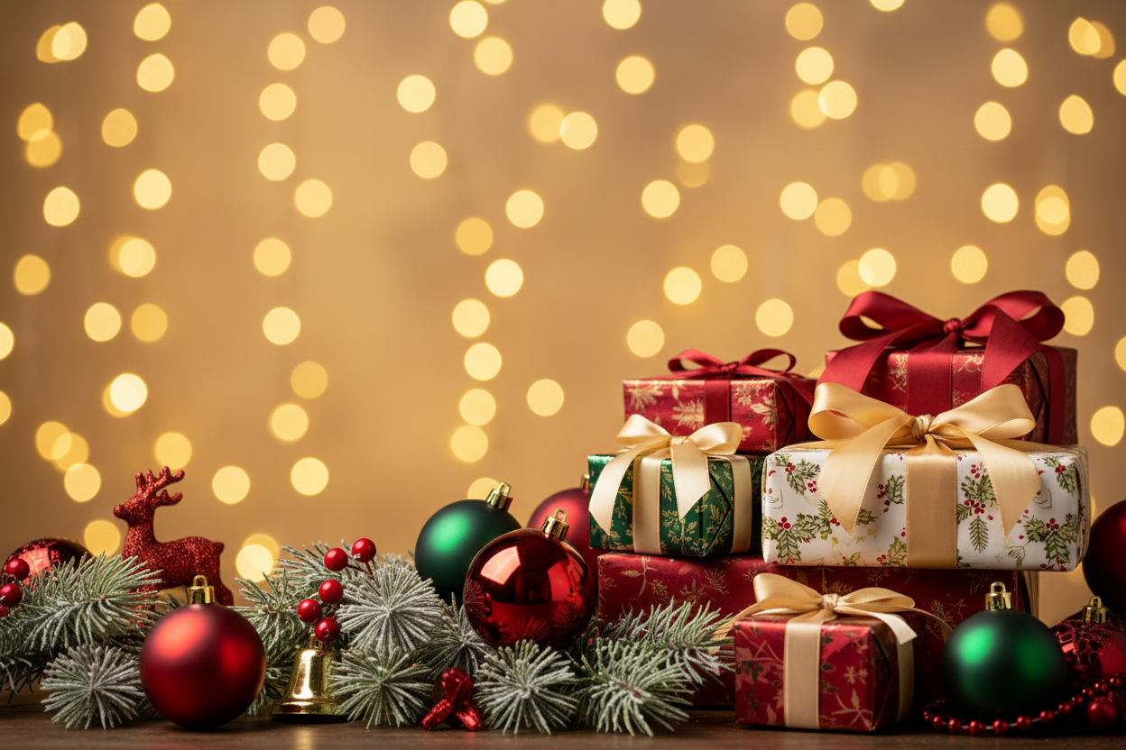 A realistic, elegant Christmas holiday background for an online store homepage — featuring soft golden lights, red and green festive decorations, neatly wrapped gift boxes with satin ribbons, pine branches, ornaments, and a cozy warm glow. The composition should be softly blurred in the background to create a sense of depth and luxury, leaving subtle empty space for overlay text or product elements. Use classic Christmas colors — deep red, forest green, gold, and ivory — with a warm, inviting lighting atmos