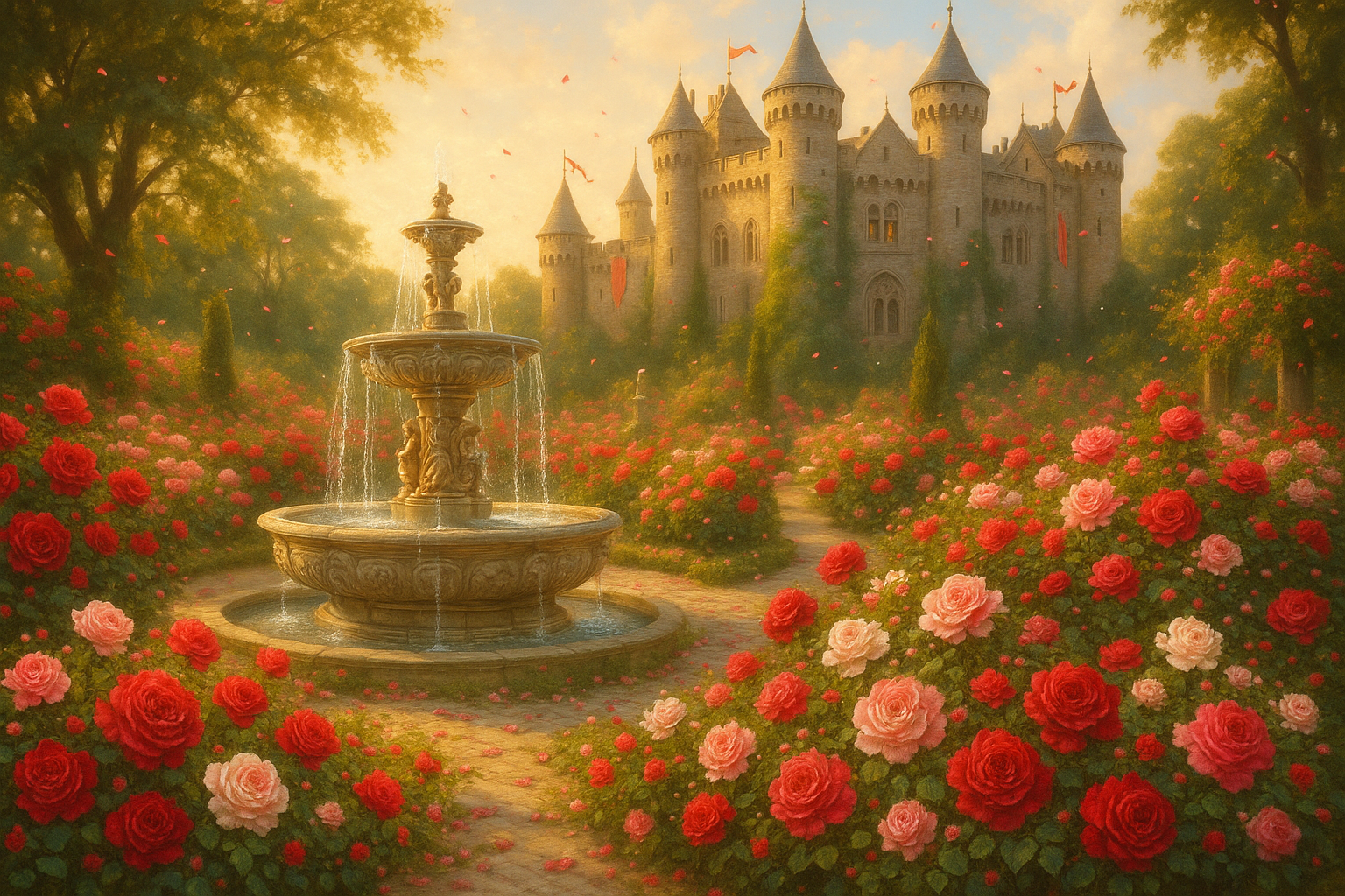 A rose garden is in full bloom with an exquisite fountain in the middle. In the background is a medieval castle where the princess lives.